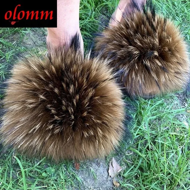 Pom Pom Fur Slippers For Women Fluffy Real Fox Fur Slides Furry