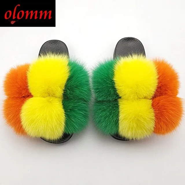 Pom Pom Fur Slippers For Women Fluffy Real Fox Fur Slides Furry