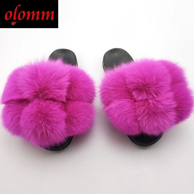 Pom Pom Fur Slippers For Women Fluffy Real Fox Fur Slides Furry