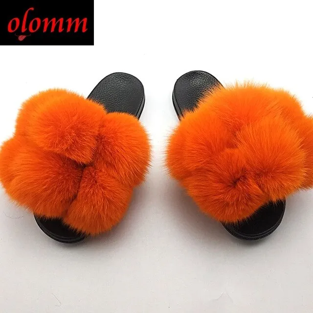 Pom Pom Fur Slippers For Women Fluffy Real Fox Fur Slides Furry