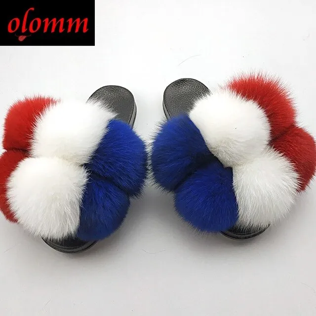 Pom Pom Fur Slippers For Women Fluffy Real Fox Fur Slides Furry