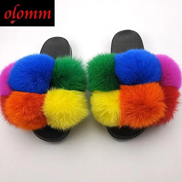 Pom Pom Fur Slippers For Women Fluffy Real Fox Fur Slides Furry