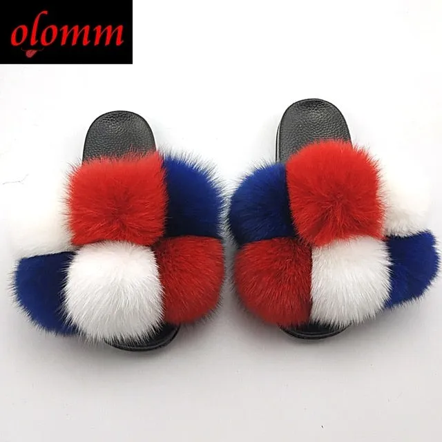Pom Pom Fur Slippers For Women Fluffy Real Fox Fur Slides Furry