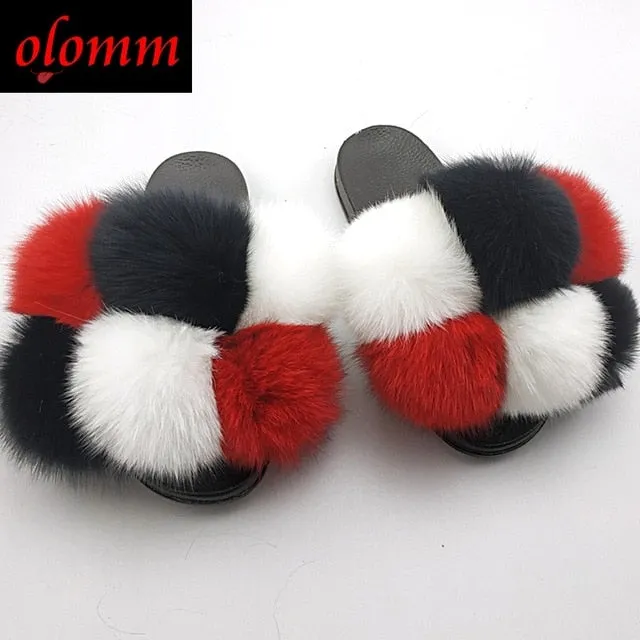 Pom Pom Fur Slippers For Women Fluffy Real Fox Fur Slides Furry