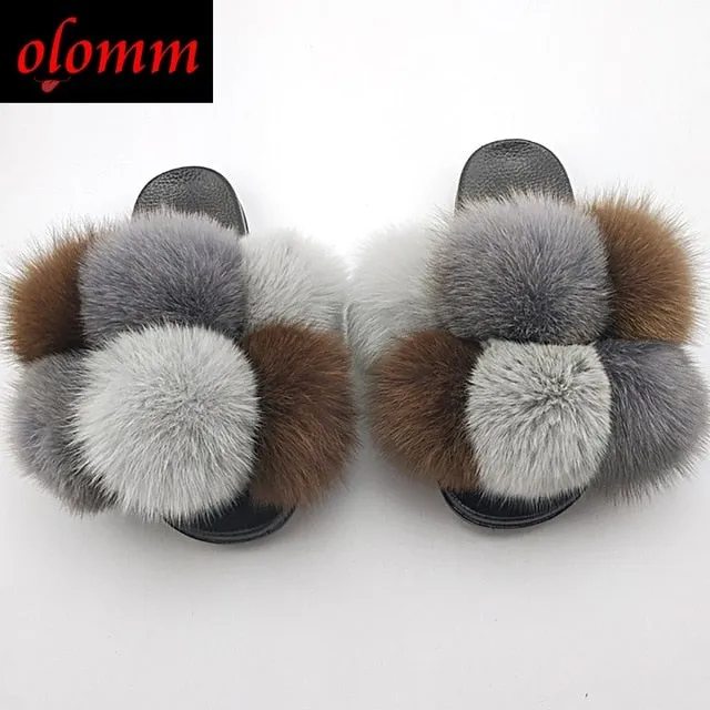 Pom Pom Fur Slippers For Women Fluffy Real Fox Fur Slides Furry