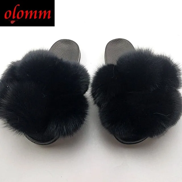Pom Pom Fur Slippers For Women Fluffy Real Fox Fur Slides Furry