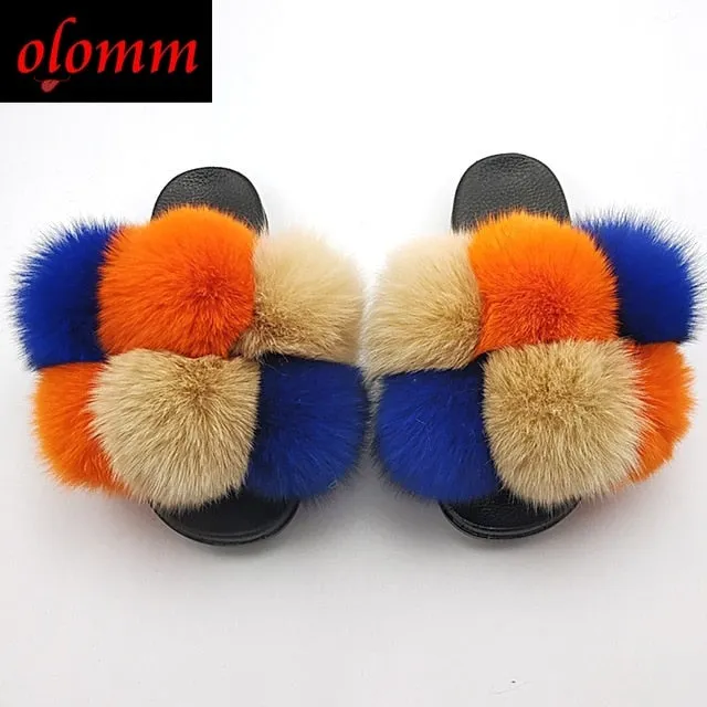 Pom Pom Fur Slippers For Women Fluffy Real Fox Fur Slides Furry