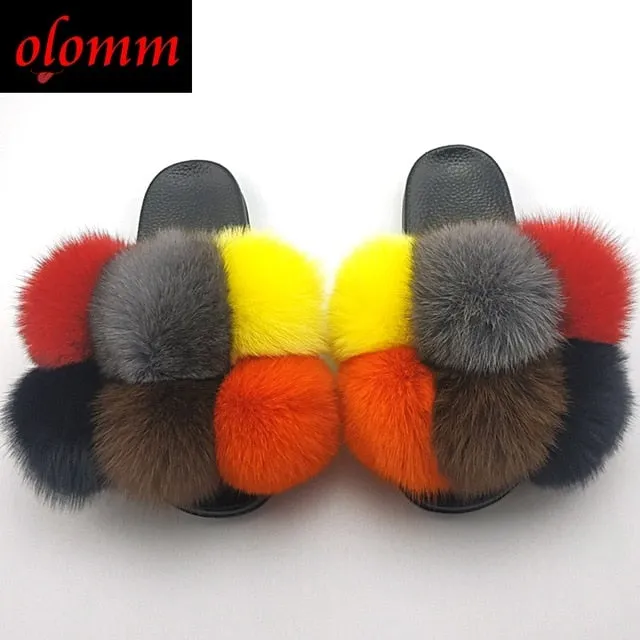 Pom Pom Fur Slippers For Women Fluffy Real Fox Fur Slides Furry