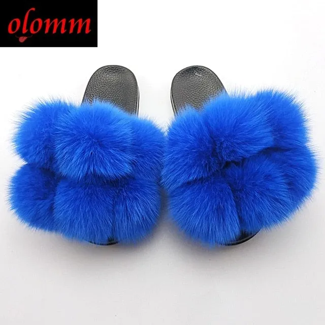 Pom Pom Fur Slippers For Women Fluffy Real Fox Fur Slides Furry