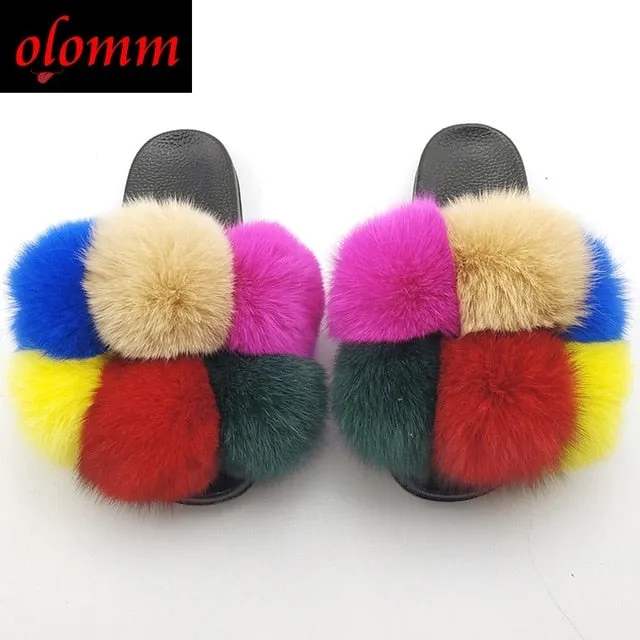Pom Pom Fur Slippers For Women Fluffy Real Fox Fur Slides Furry