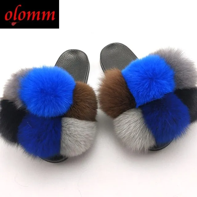 Pom Pom Fur Slippers For Women Fluffy Real Fox Fur Slides Furry