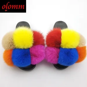 Pom Pom Fur Slippers For Women Fluffy Real Fox Fur Slides Furry