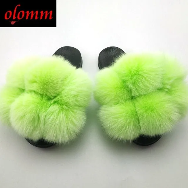 Pom Pom Fur Slippers For Women Fluffy Real Fox Fur Slides Furry