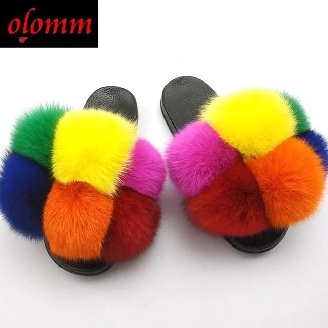 Pom Pom Fur Slippers For Women Fluffy Real Fox Fur Slides Furry