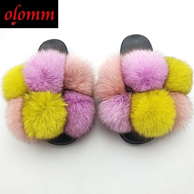 Pom Pom Fur Slippers For Women Fluffy Real Fox Fur Slides Furry