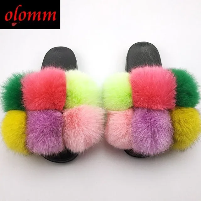 Pom Pom Fur Slippers For Women Fluffy Real Fox Fur Slides Furry