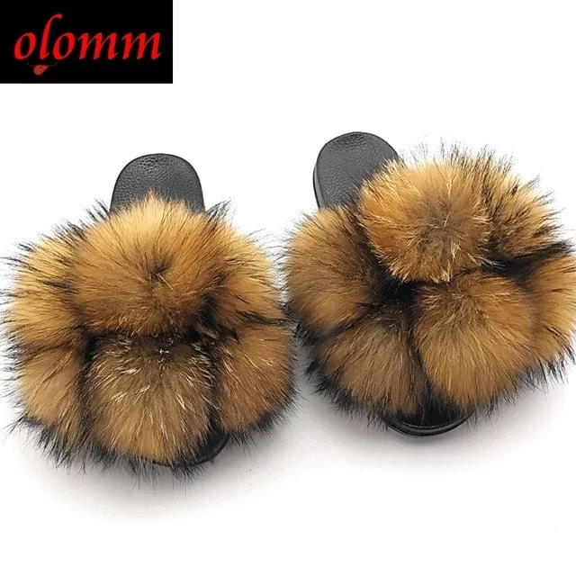 Pom Pom Fur Slippers For Women Fluffy Real Fox Fur Slides Furry