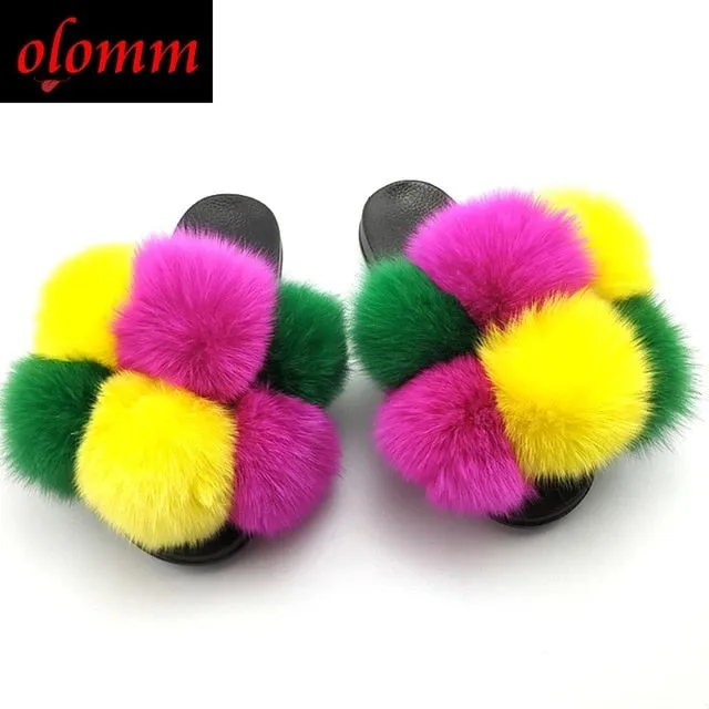 Pom Pom Fur Slippers For Women Fluffy Real Fox Fur Slides Furry