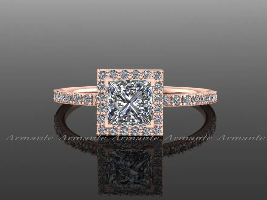 Princess Cut Moissanite Engagement Ring, 14K Rose Gold