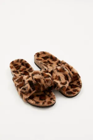 Print Plush Faux Fur Leopard Bow Detail Slippers