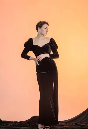 Puffed Long Sleeves Sweetheart Neckline Sheath Velvet Prom Dress with Thigh Slit