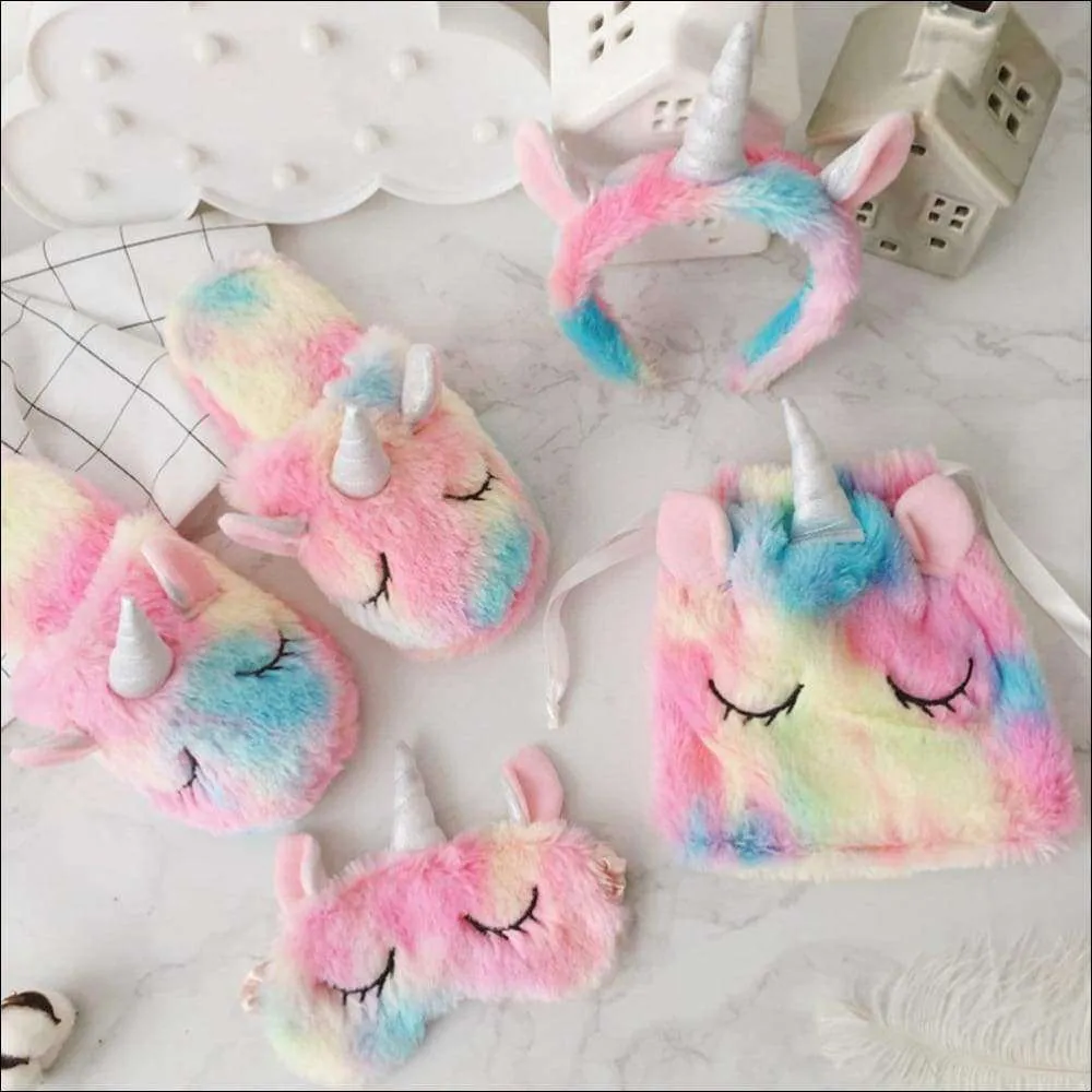 Rainbow Unicorn Slippers,Cozy Blinders,Fluffy Drawstring Bags,Plush Head Bands
