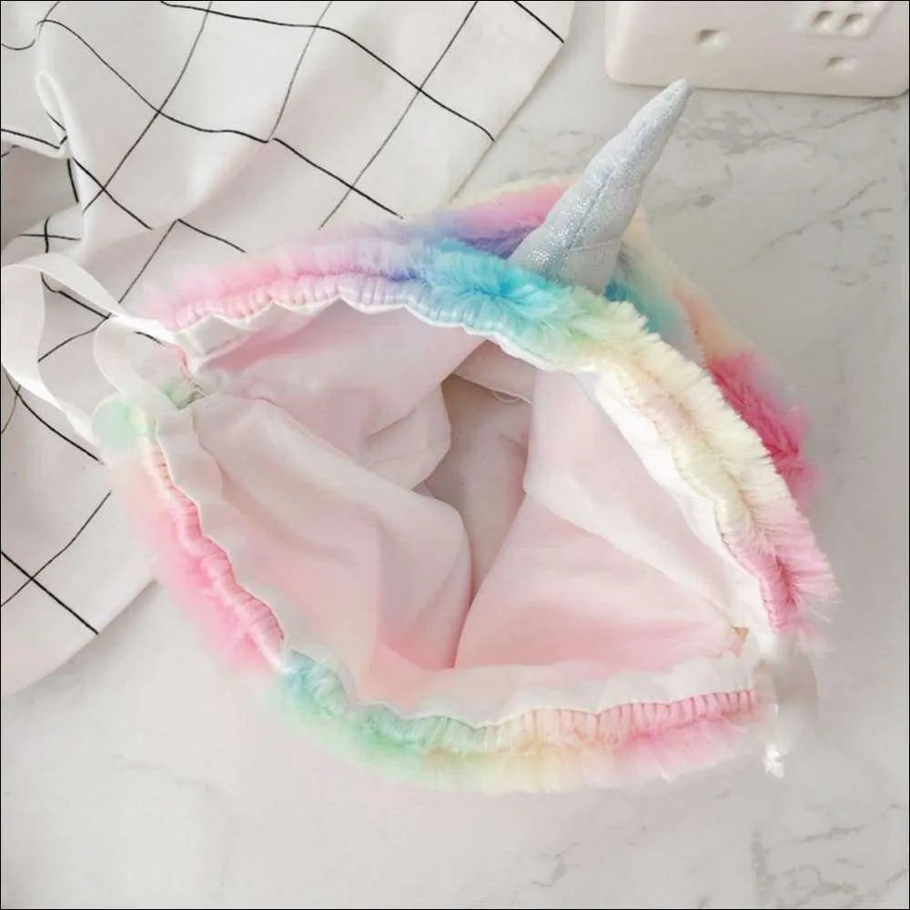 Rainbow Unicorn Slippers,Cozy Blinders,Fluffy Drawstring Bags,Plush Head Bands