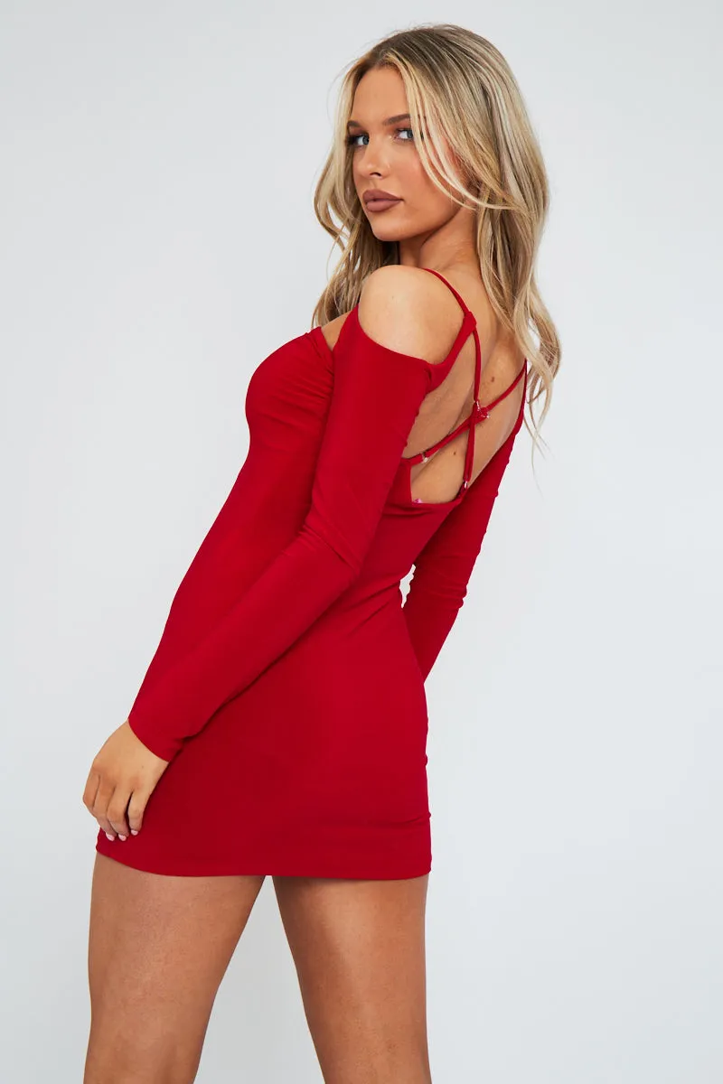 Red Cut Out Shoulders Slinky Mini Dress - Selena