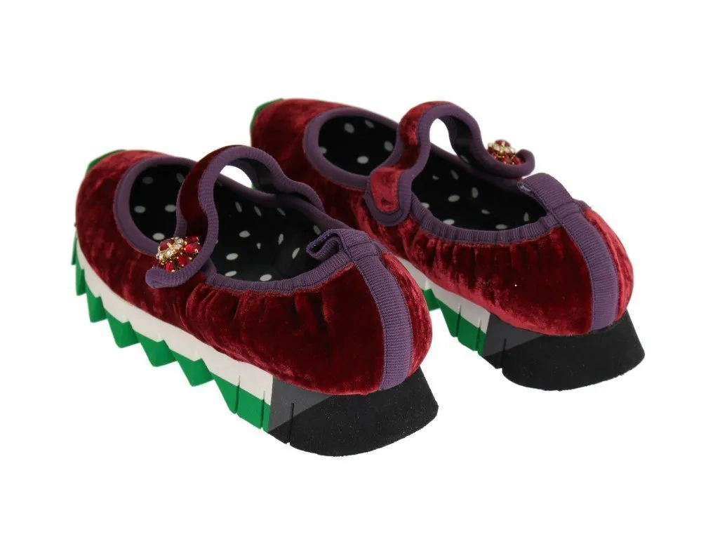 Red Velvet Crystal Strap Ballerina Shoes
