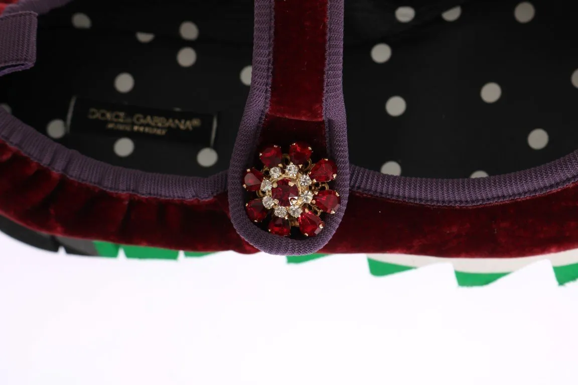 Red Velvet Crystal Strap Ballerina Shoes