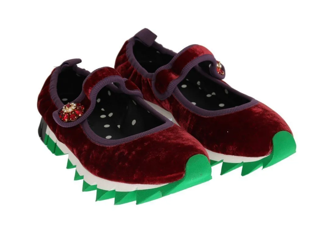 Red Velvet Crystal Strap Ballerina Shoes