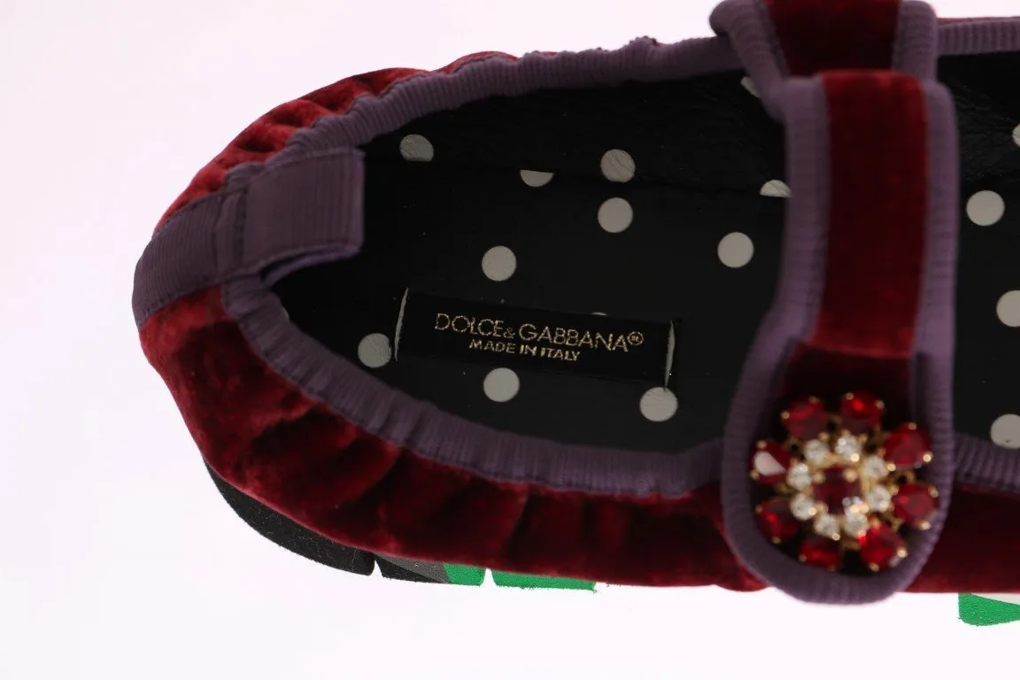 Red Velvet Crystal Strap Ballerina Shoes