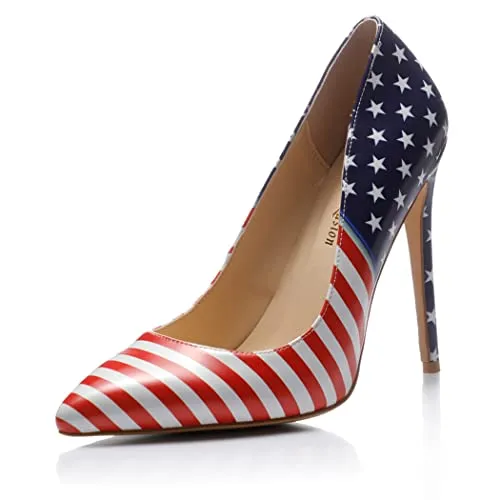 Reindee Lusion Womens High Stiletto Heels Red American Flag Paste Printed Pointed Toe Sexy Pumps Shoes Size 7