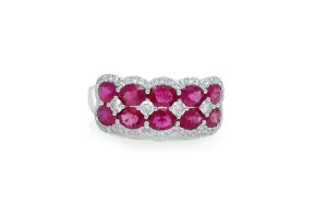 Ring 18k White Gold Diamonds & Double-Row Oval Rubies