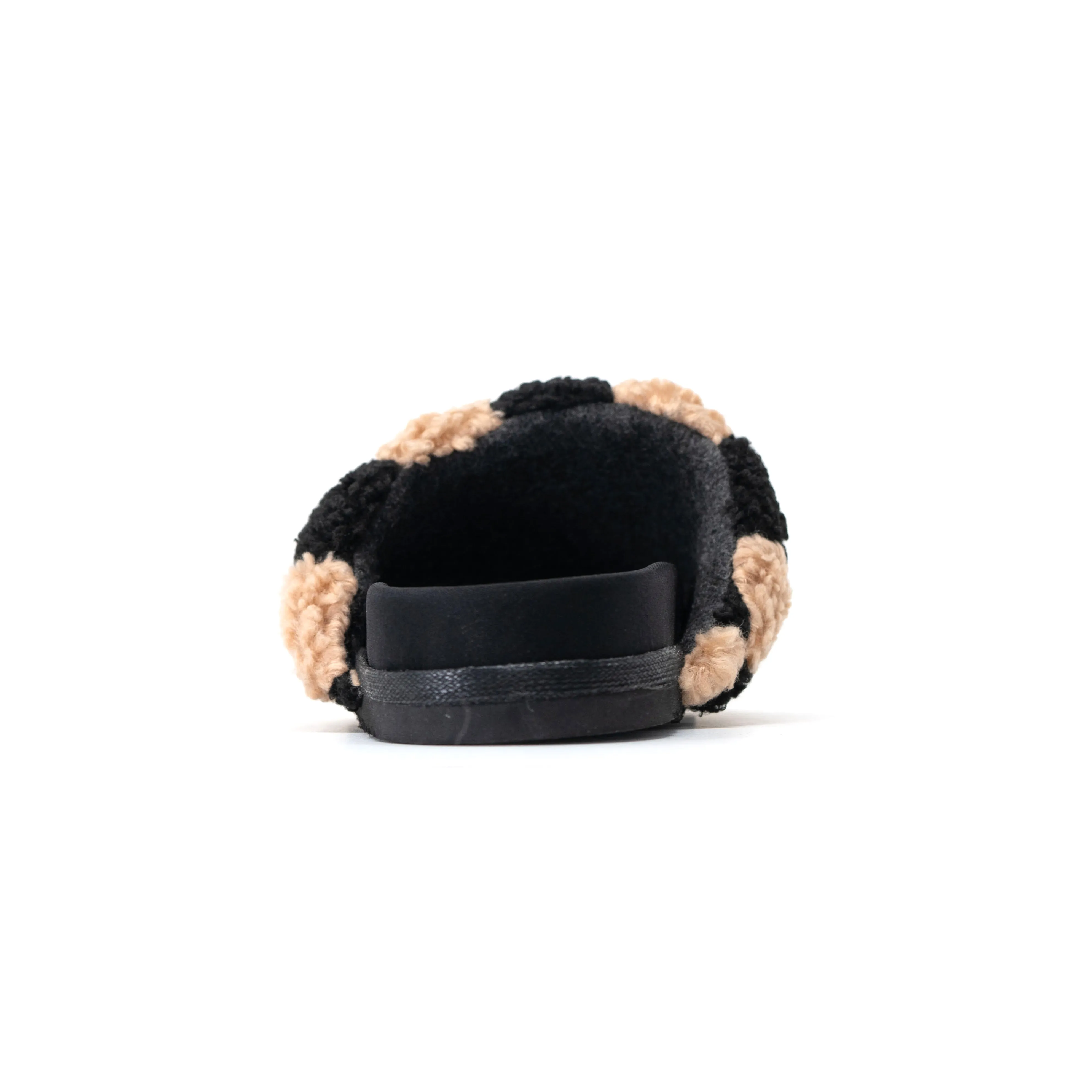 ROAM FUZZY CHECKER SLIDERS BLACK & BEIGE FAUX SHEARLING