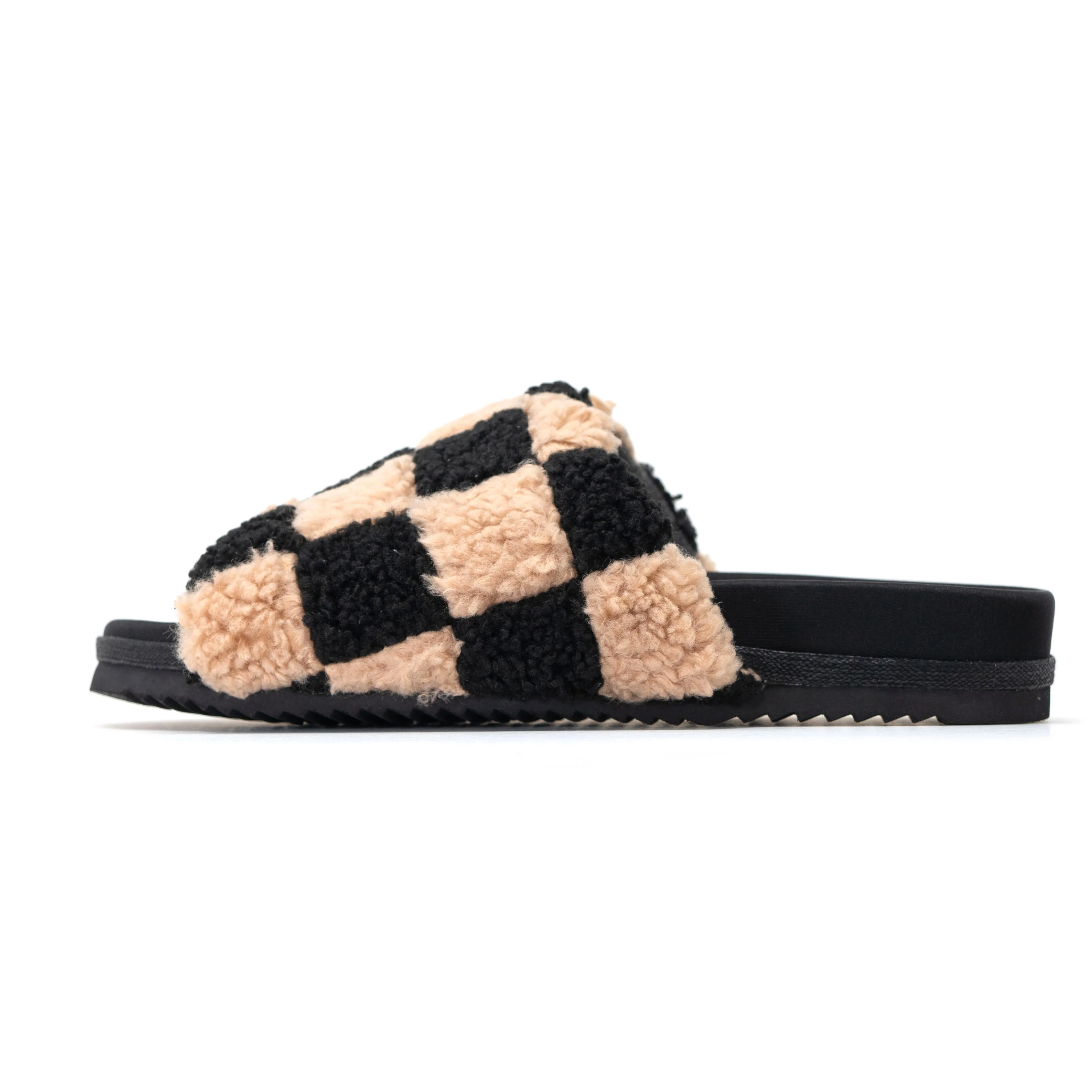 ROAM FUZZY CHECKER SLIDERS BLACK & BEIGE FAUX SHEARLING