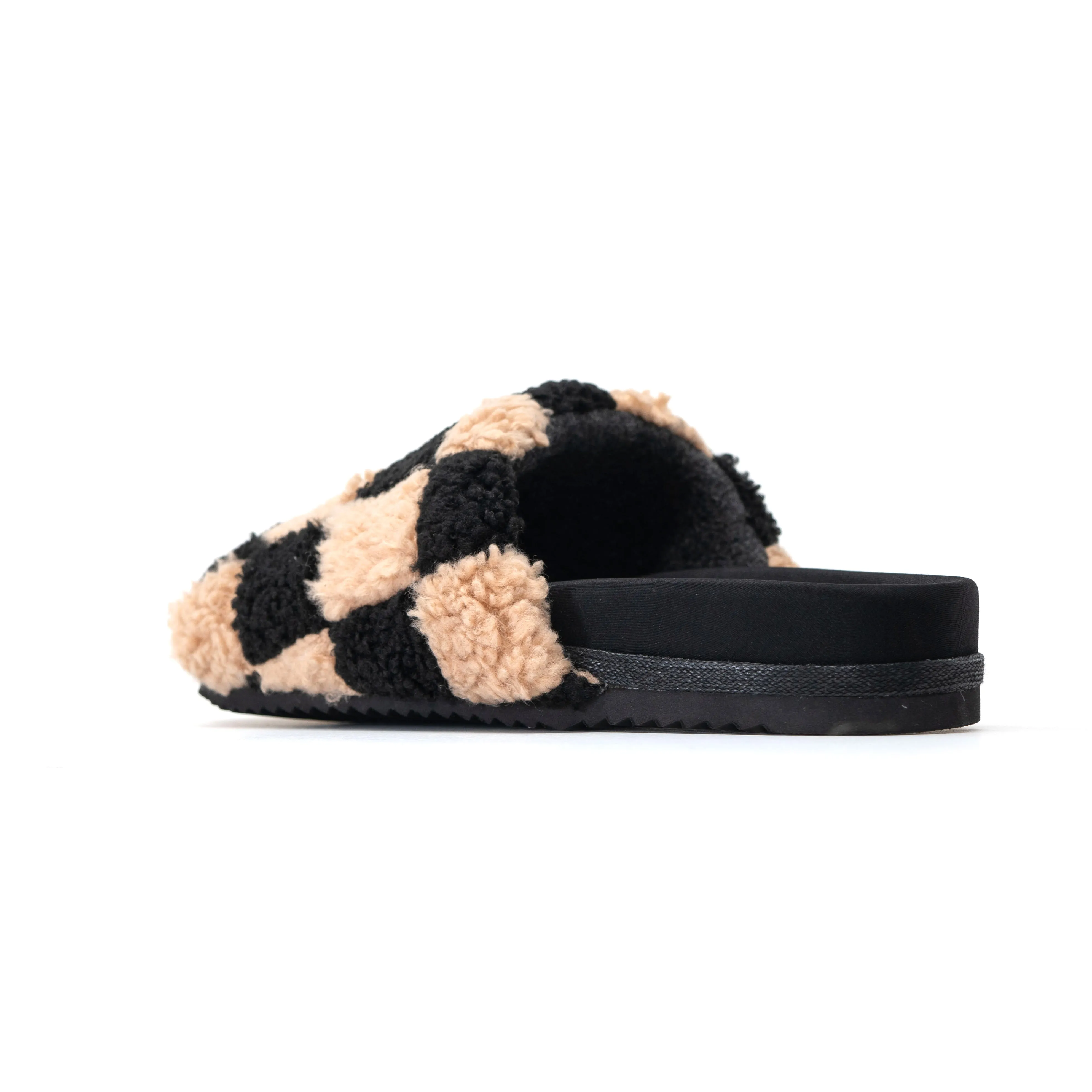 ROAM FUZZY CHECKER SLIDERS BLACK & BEIGE FAUX SHEARLING
