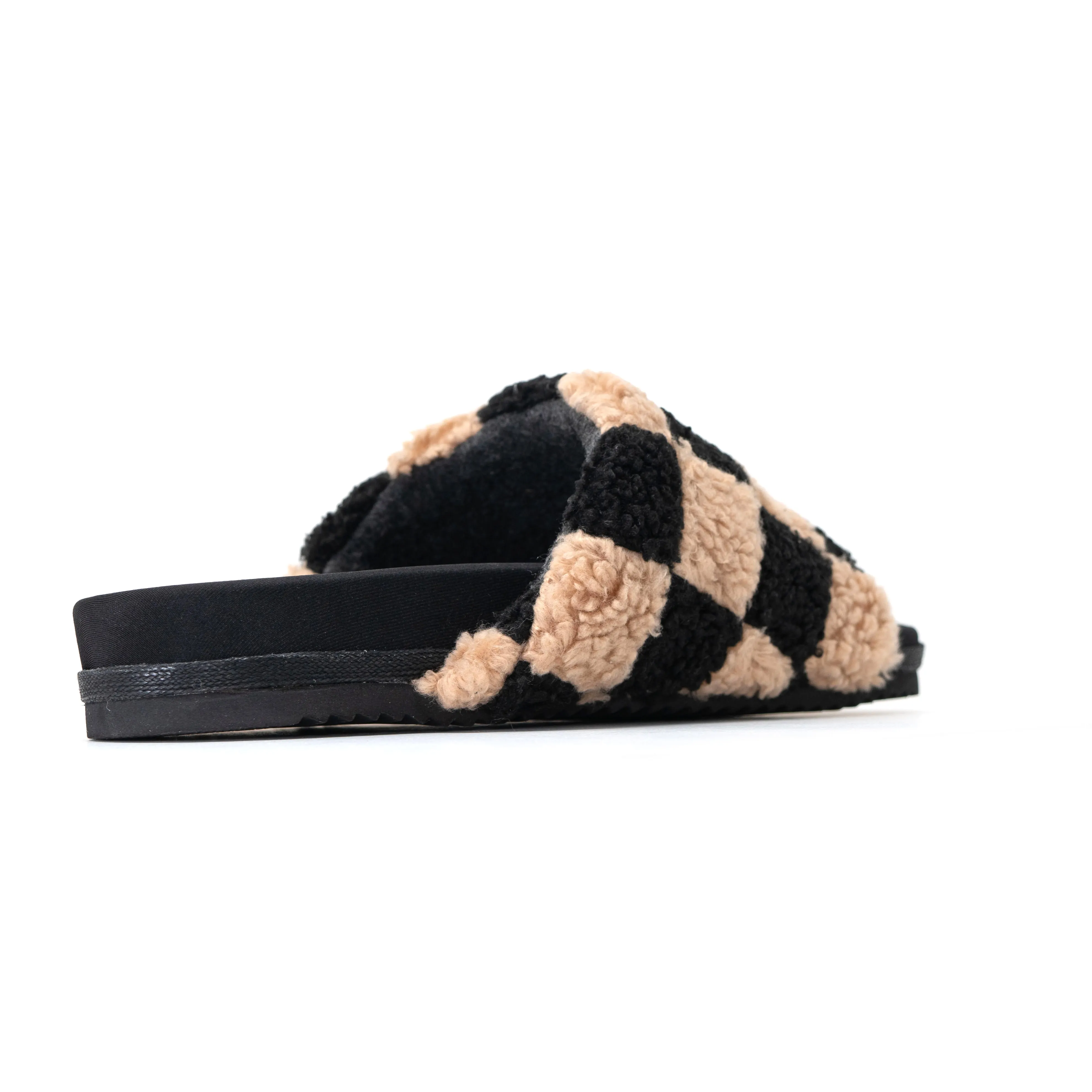 ROAM FUZZY CHECKER SLIDERS BLACK & BEIGE FAUX SHEARLING