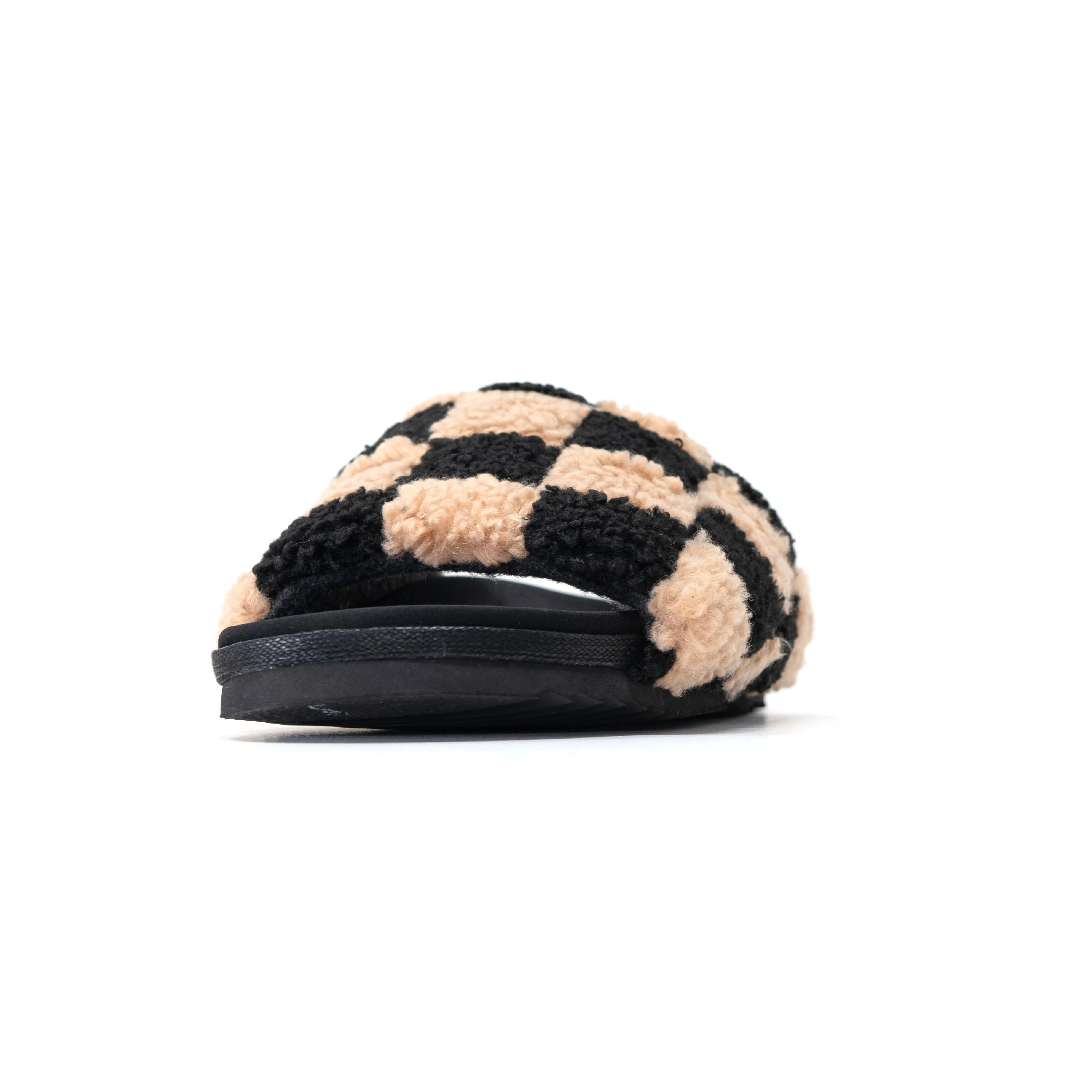 ROAM FUZZY CHECKER SLIDERS BLACK & BEIGE FAUX SHEARLING