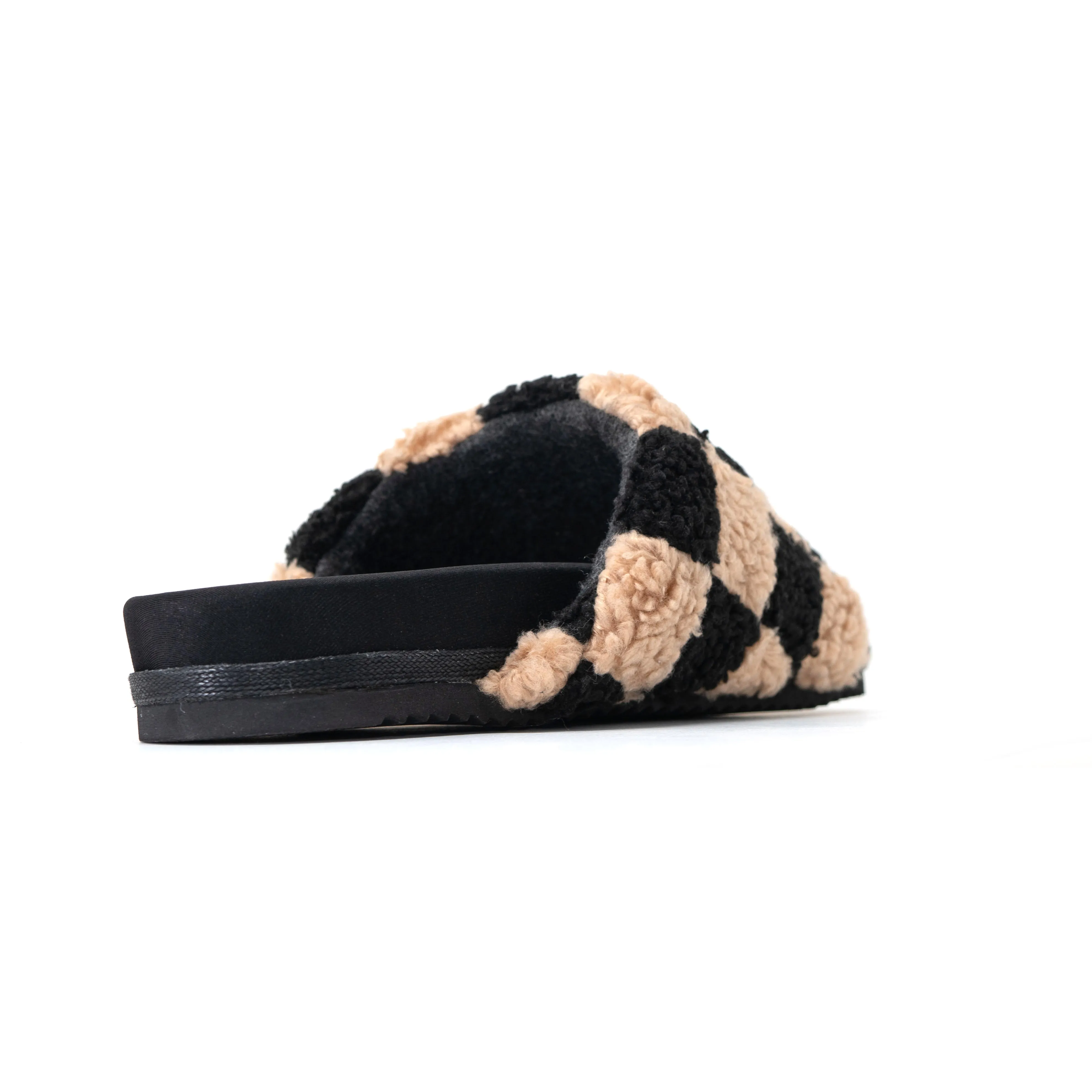 ROAM FUZZY CHECKER SLIDERS BLACK & BEIGE FAUX SHEARLING