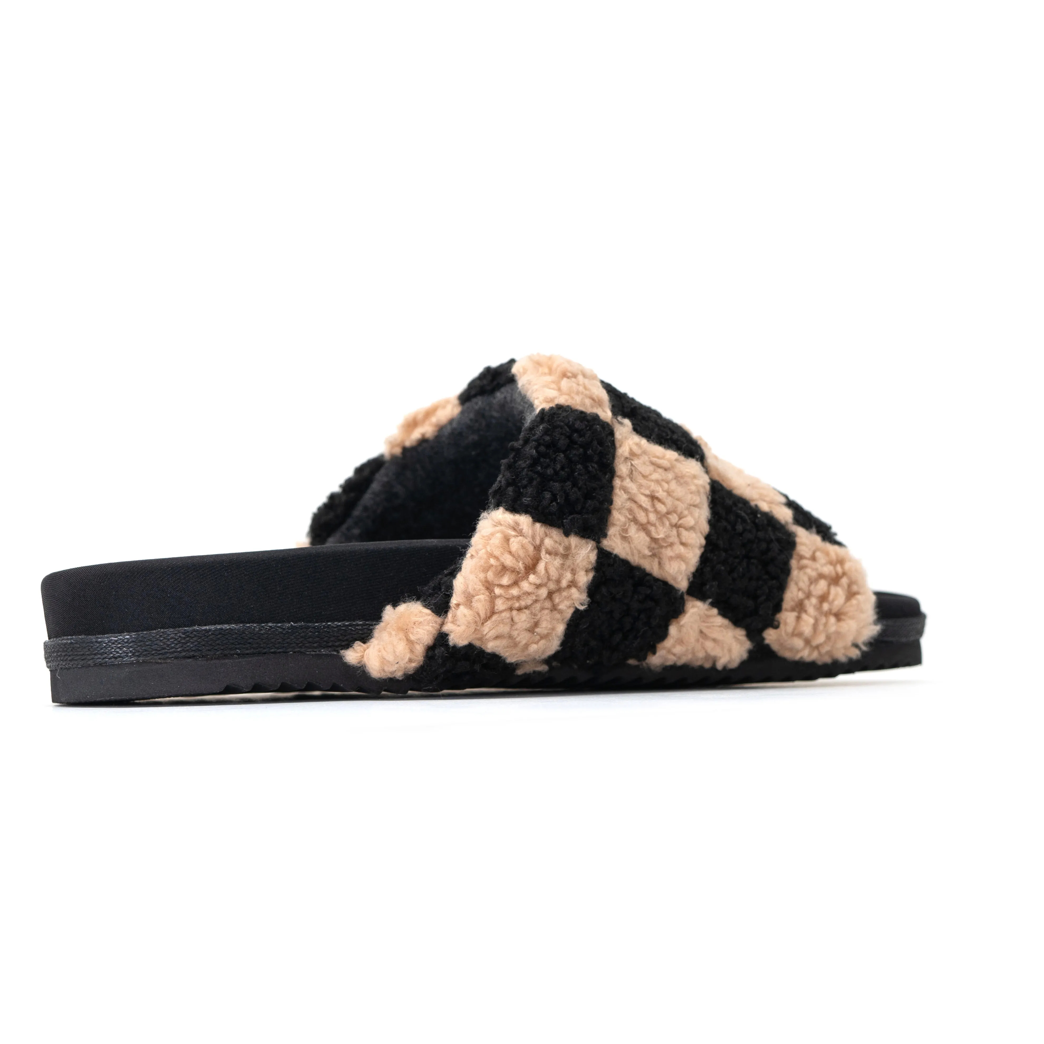 ROAM FUZZY CHECKER SLIDERS BLACK & BEIGE FAUX SHEARLING