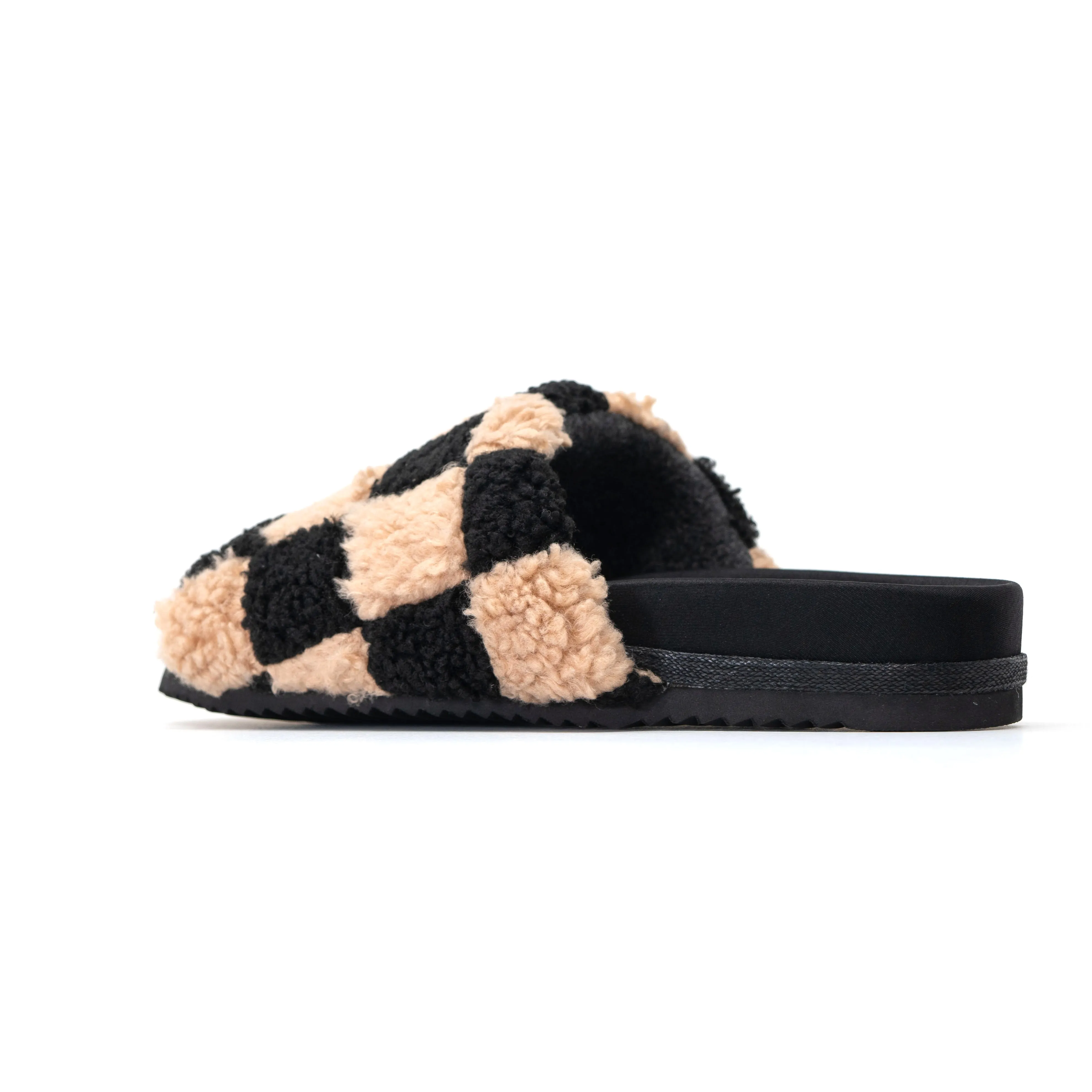 ROAM FUZZY CHECKER SLIDERS BLACK & BEIGE FAUX SHEARLING
