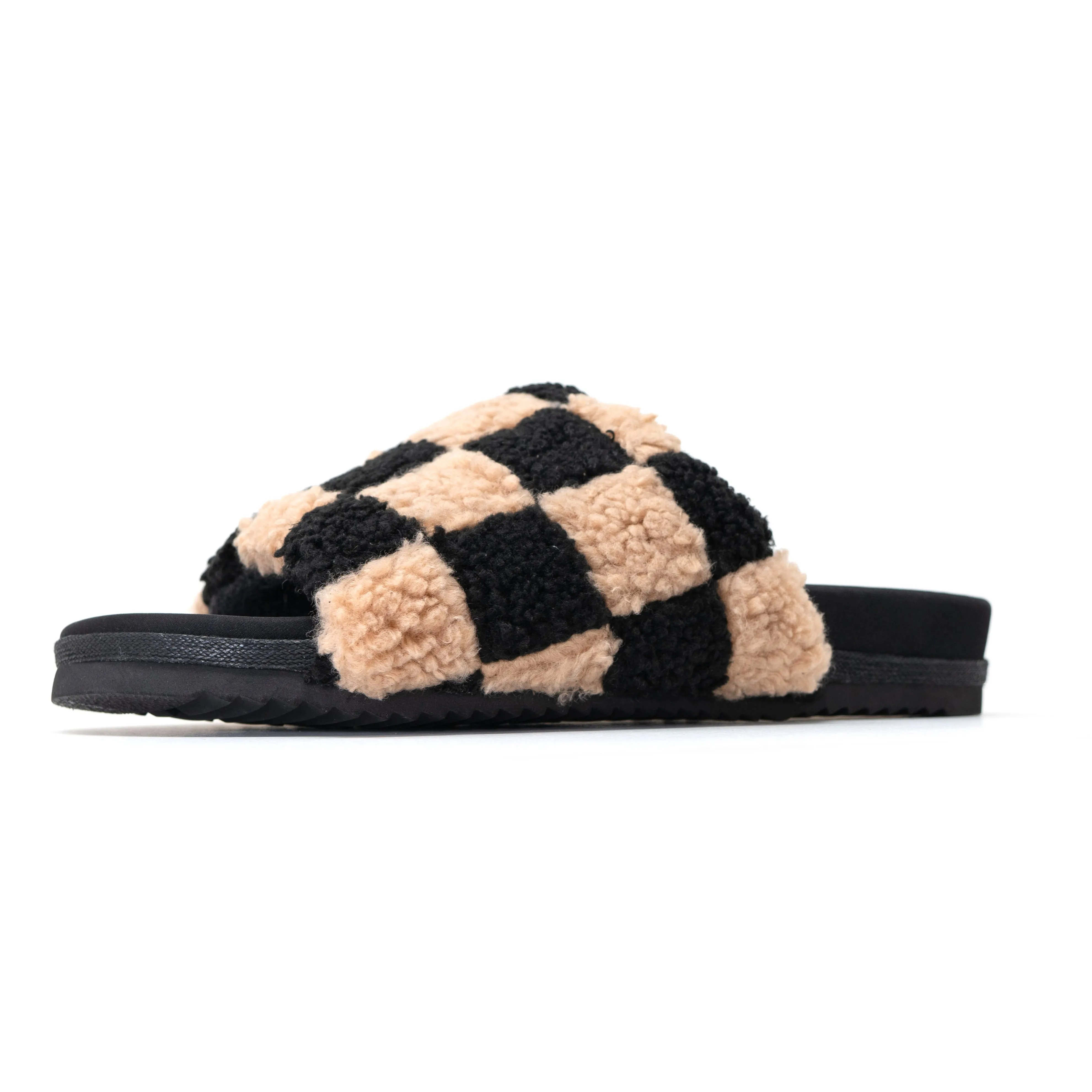 ROAM FUZZY CHECKER SLIDERS BLACK & BEIGE FAUX SHEARLING