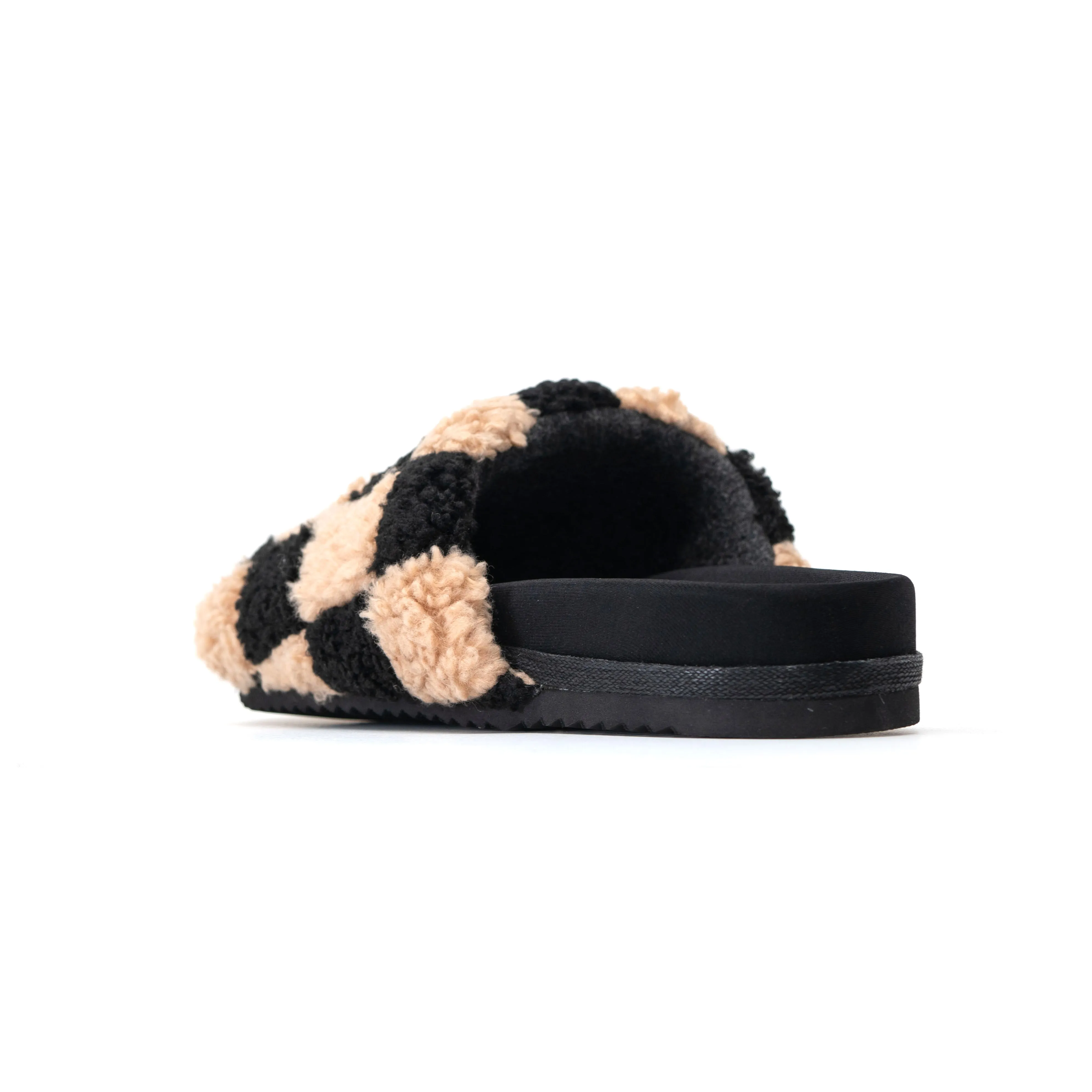 ROAM FUZZY CHECKER SLIDERS BLACK & BEIGE FAUX SHEARLING