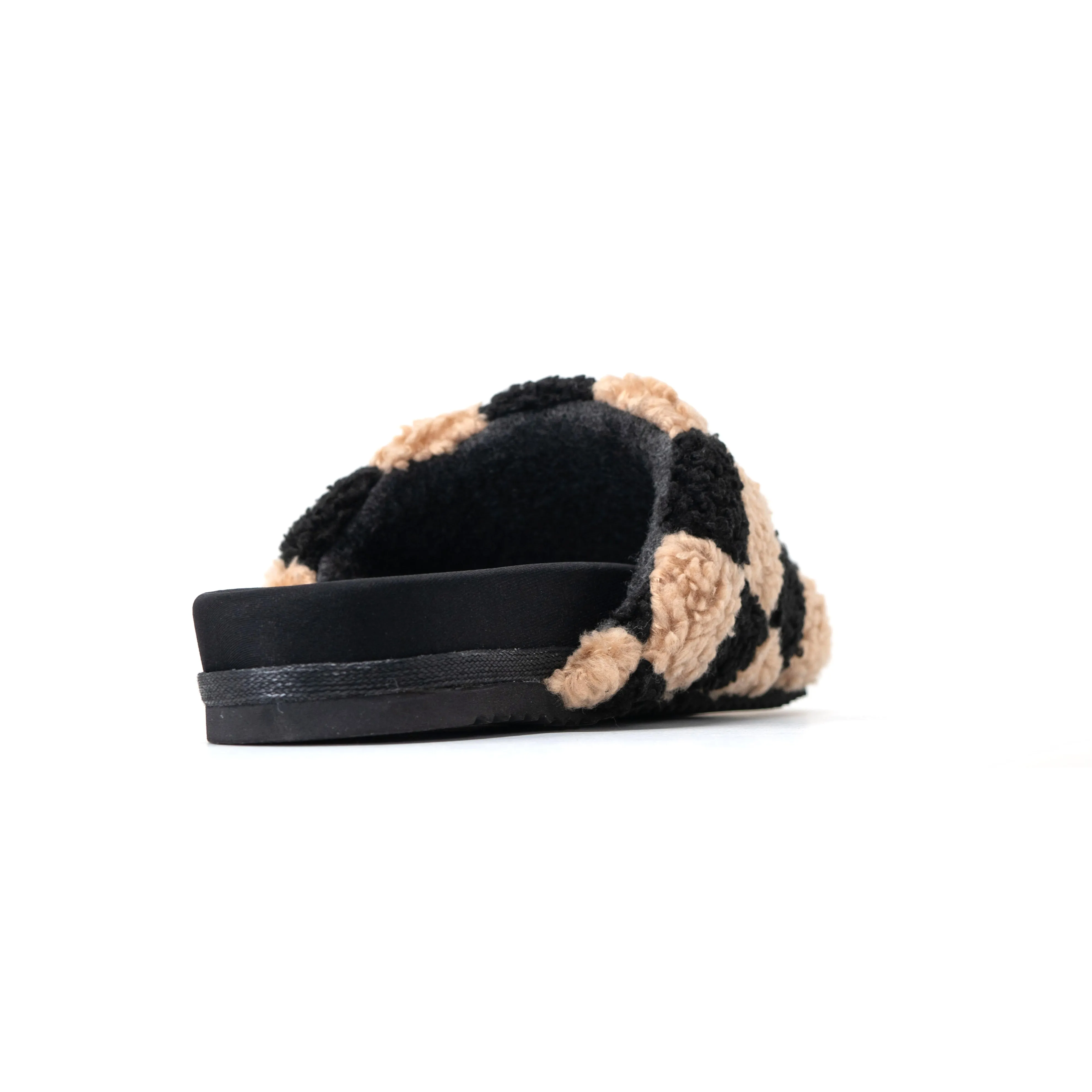 ROAM FUZZY CHECKER SLIDERS BLACK & BEIGE FAUX SHEARLING