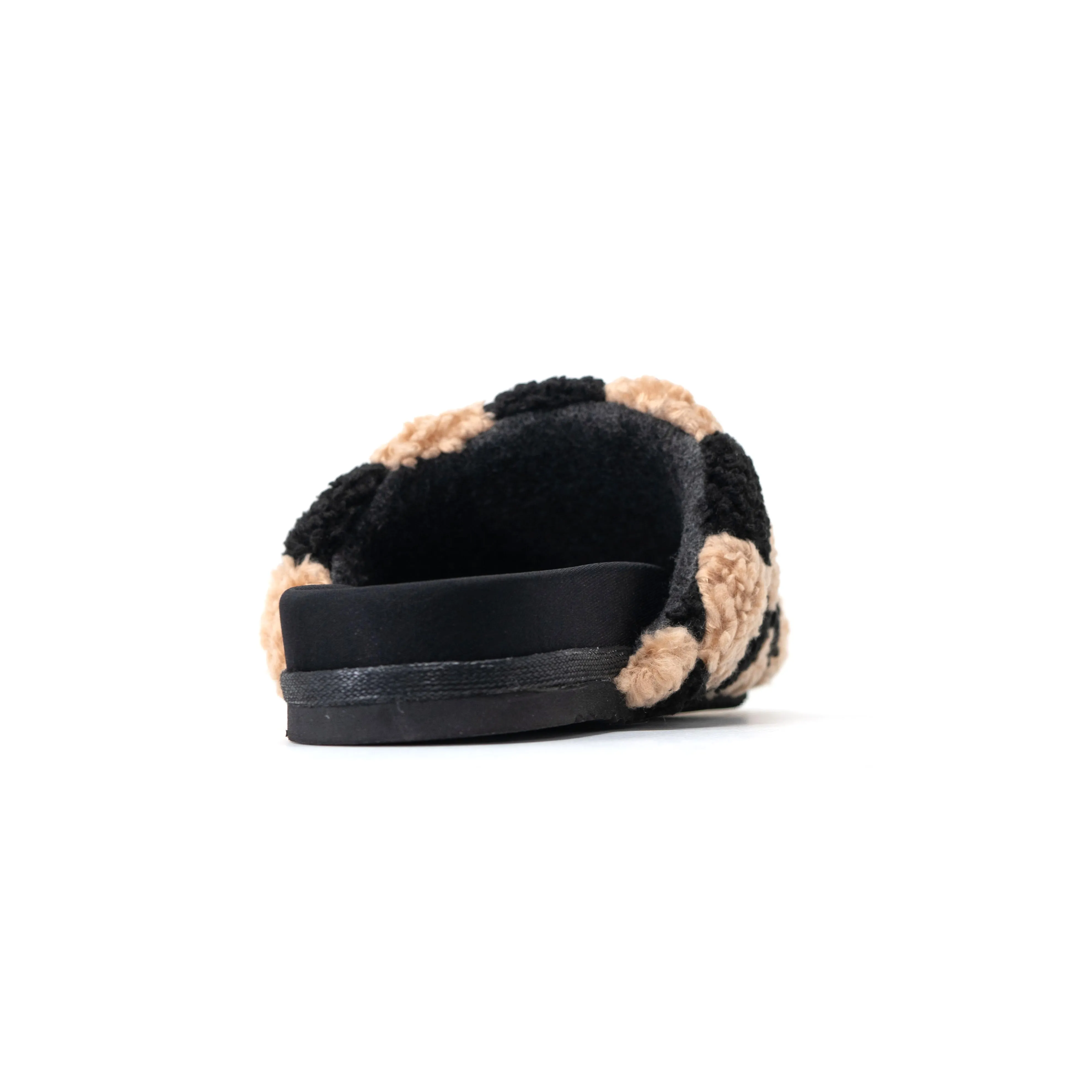 ROAM FUZZY CHECKER SLIDERS BLACK & BEIGE FAUX SHEARLING