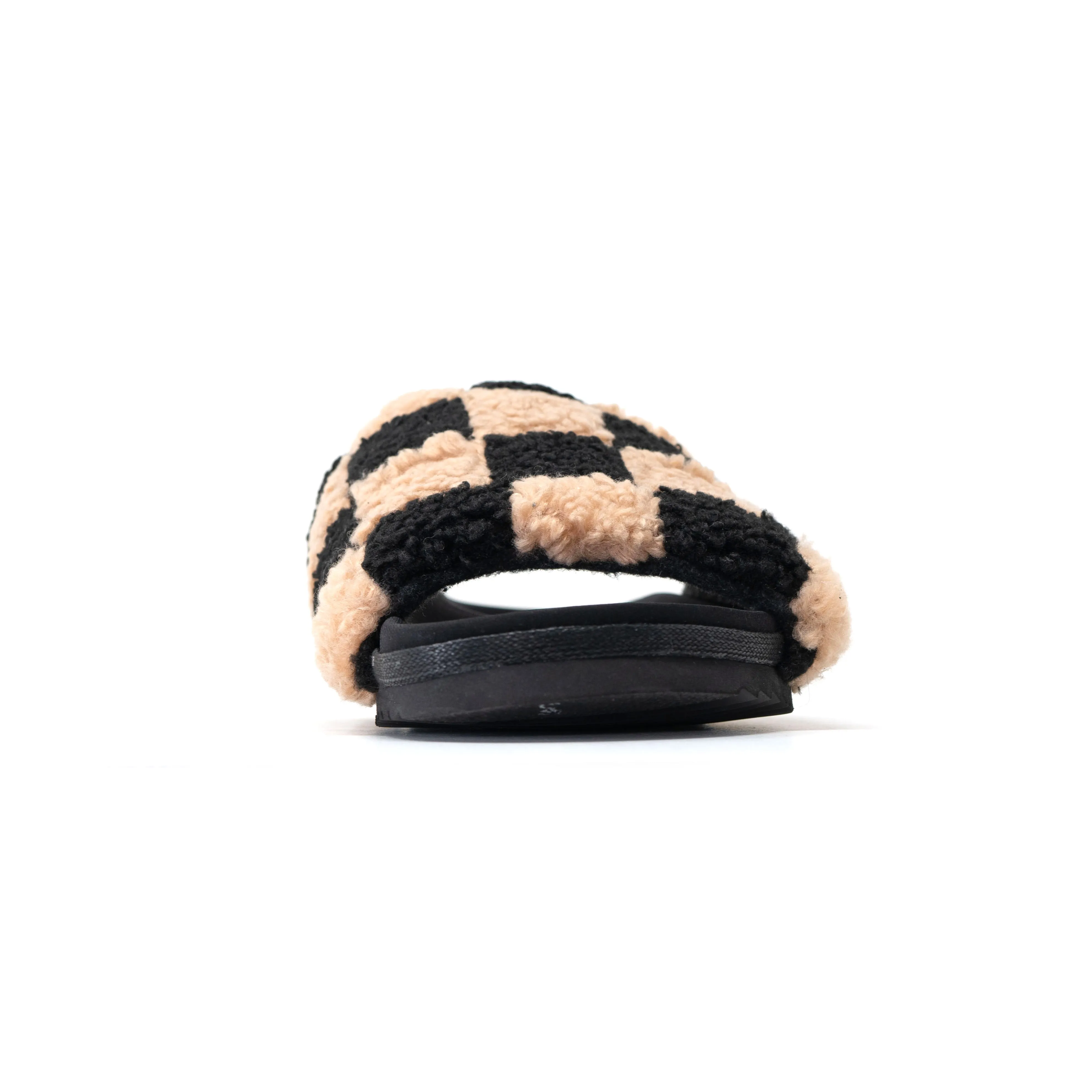 ROAM FUZZY CHECKER SLIDERS BLACK & BEIGE FAUX SHEARLING