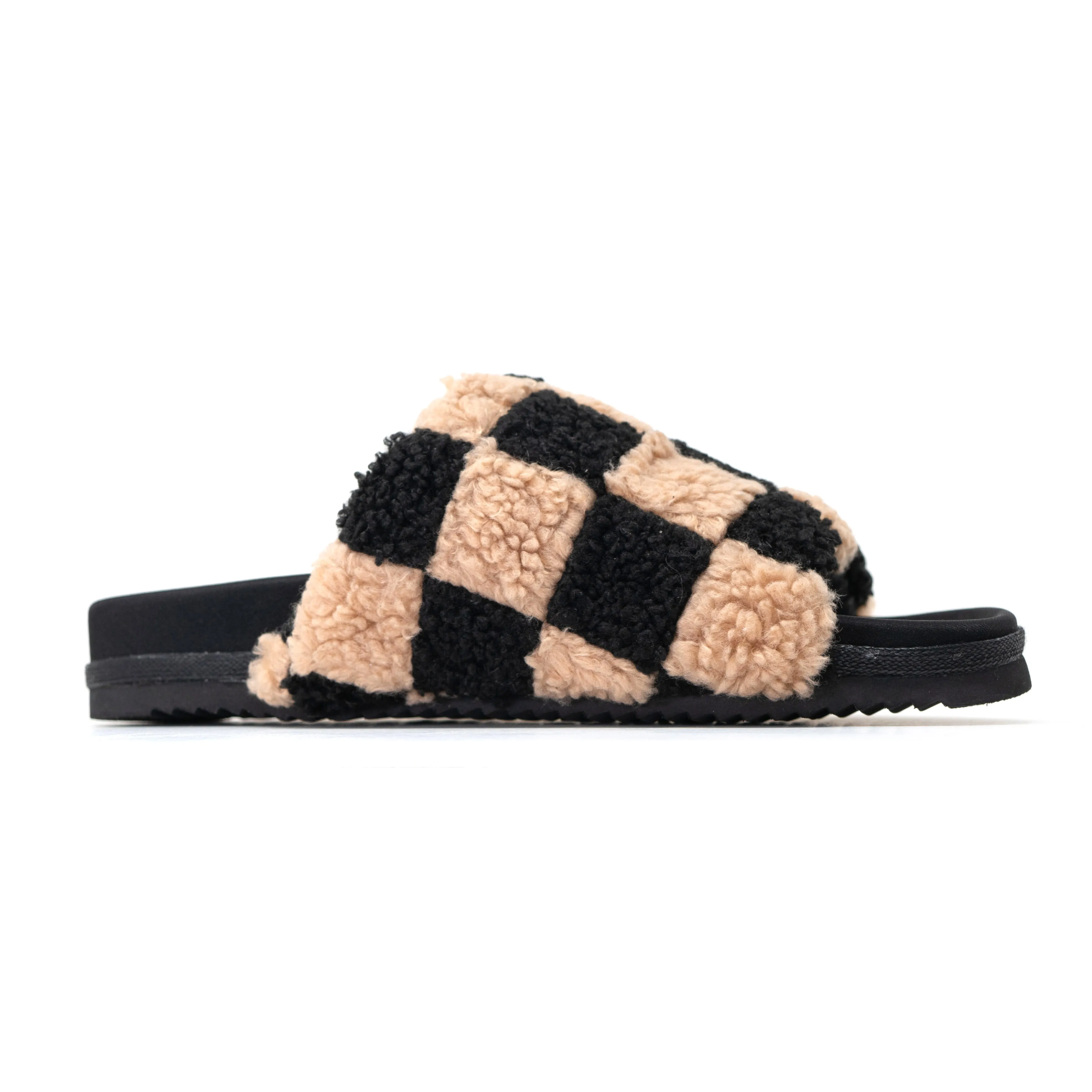 ROAM FUZZY CHECKER SLIDERS BLACK & BEIGE FAUX SHEARLING