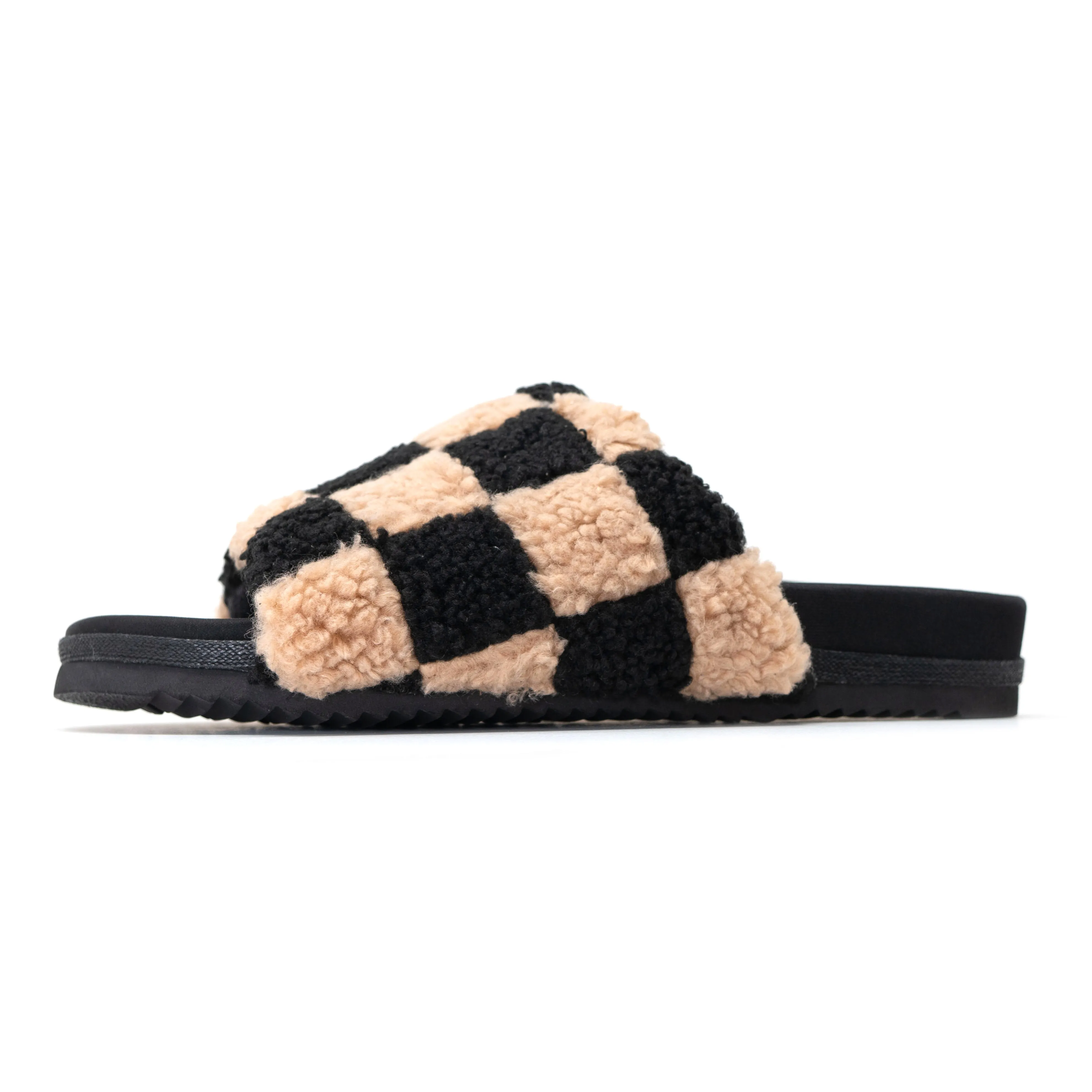ROAM FUZZY CHECKER SLIDERS BLACK & BEIGE FAUX SHEARLING