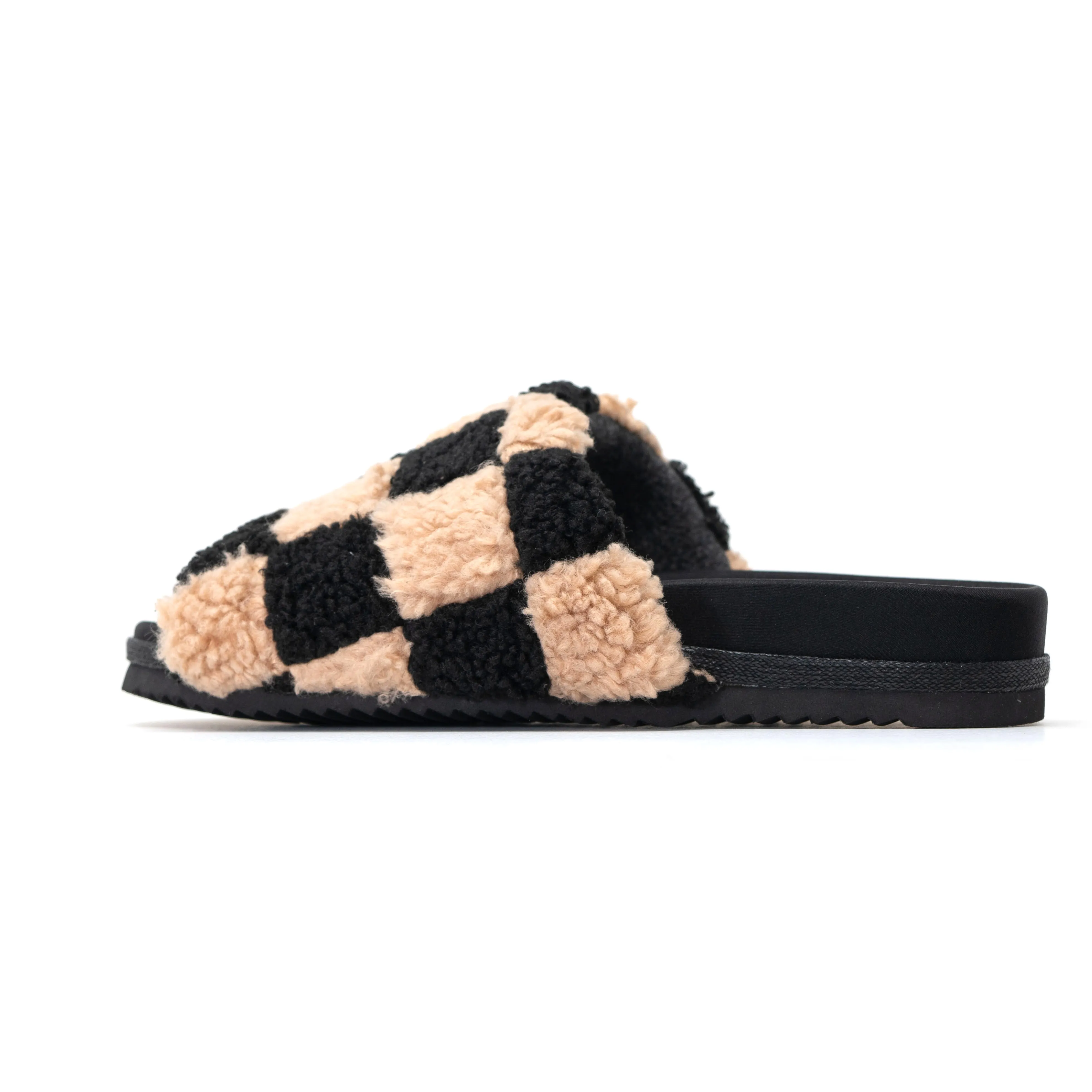 ROAM FUZZY CHECKER SLIDERS BLACK & BEIGE FAUX SHEARLING